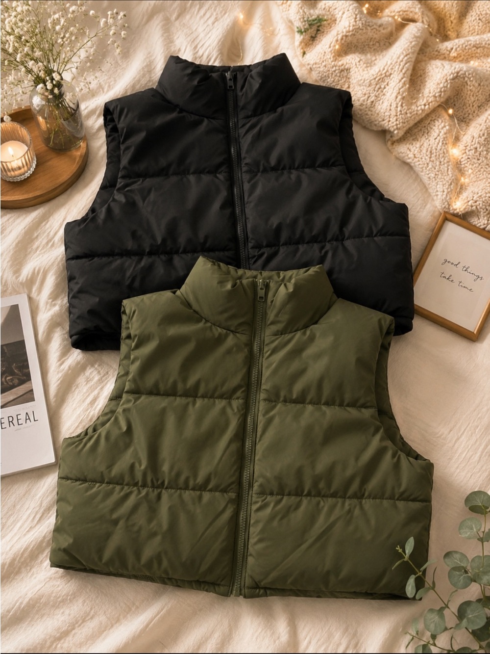 Bundle Puffer Vests in Olive and Black